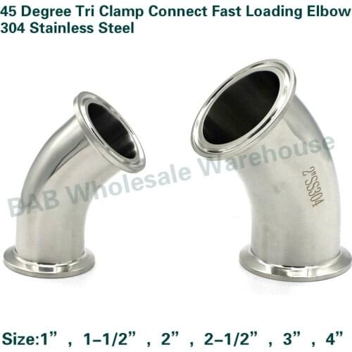 Hygienic grade Tri Clamp Connect 304 Stainless Steel Sanitary Ferrule 45 Degree Fast Loading Elbow Pipe Fitting For Homebrew