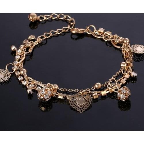 Hot Gold Color Multilayer Crystal Beaded Pendant Bracelets Bangles Fashion Women Heart Charm Bracelet Jewelry Accessories