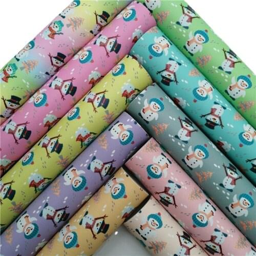 Snowmen Printed Synthetic Leather Smooth Faux Fabric Sheets Felt Backing Vinyl For Earrings bag Bows DIY 21X29CM GM2336B