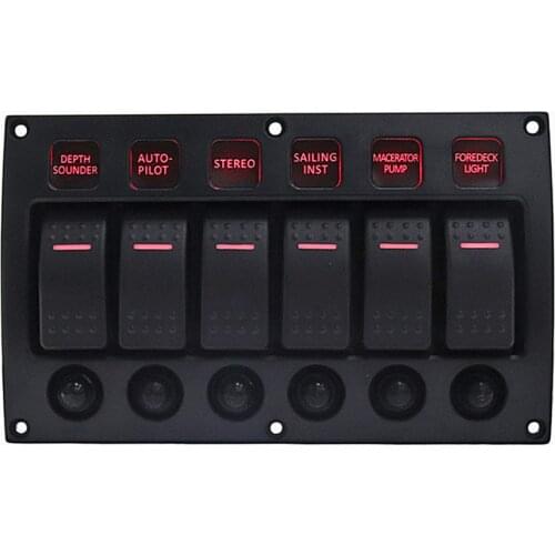 IZTOSS 12V-24V DC 6 Gang Red LED Toggle Rocker Switch Panel With Waterproof Circuit Breaker for Car Marine Boat RV