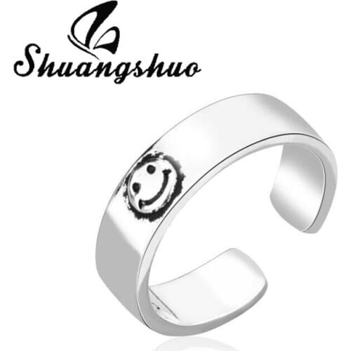 Shuangshuo Simple Fashion Ancient Silver Color Smiling Face Open Rings for Women Adjustable Smile Ring Fashion Jewelry Gift 2021