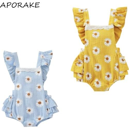 2021 0-24M Sweet Newborn Baby Girl Romper Cotton Linen Clothes Daisy Print Fly Sleeve Lace Square Collar Layered Tutu Playsuit