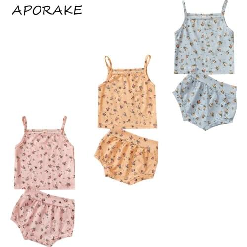 2021 0-24M Newborn Baby Girl Clothes Set Sweet Summer Floral Print Sleeveless Top Vest+Shorts Cotton 2pcs