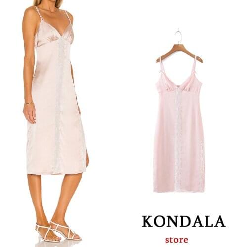 KONDALA Women Summer Dress Za 2021 Backless Silky Pink Sleeveless Chiffon Lace Sling Dress Sexy Chic Mujer Vintage Vestidos