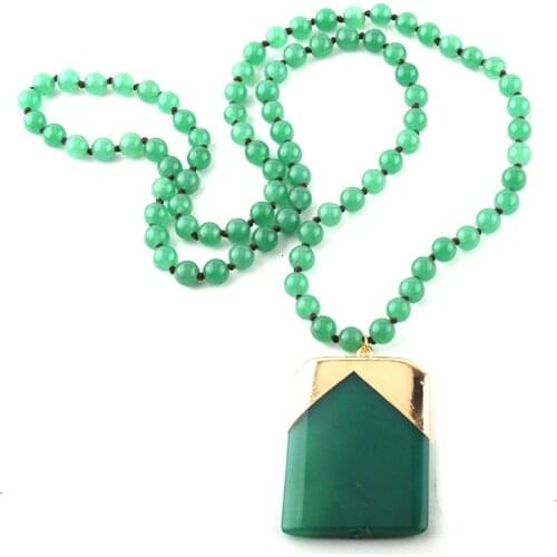 MOODPC Fashion Bohemian Jewelry Green/Hot Pink Stones Knotted Stone Pendant Necklaces For Women Ethnic Necklace