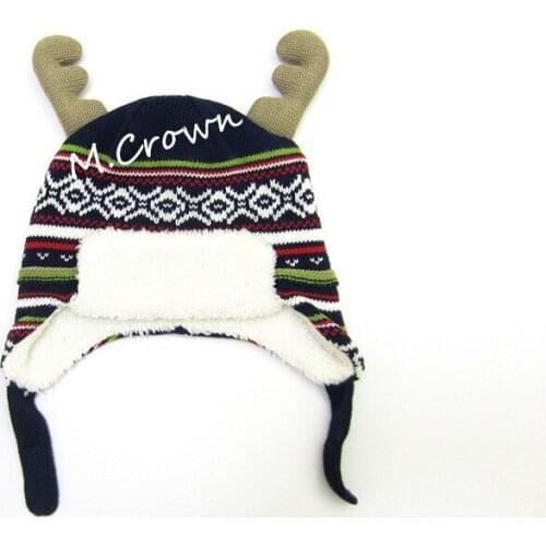 New Style Christmas Hot Items Boys Jacquard Earflap Hat with 3D Deer Horn Soft Coral Fleece Linings