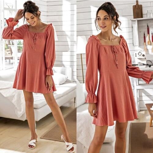 Solid Color Square Collar Dress Autumn New Long Sleeves Womens Butterfly Sleeve A-line Fashion Cute Sweet Mini Dress Pullover