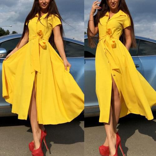 New Women Summer Short Sleeve Mid-Calf Dresses Buttons Sashes Ladies Fashion Turn-down Collar Solid Dress Size S-2XL