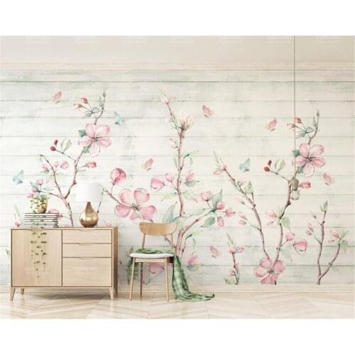 Beibehang Custom wallpaper Fresh watercolor cherry wood grain butterfly hand painted floral TV background wall 3d wallpaper