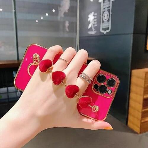Luxury Plush Love Heart Cute Phone Case for iPhone 11 12 Pro Max XR X XS Max 7 8 Plus Cute Wristband Girl Gift Soft TPU Cover