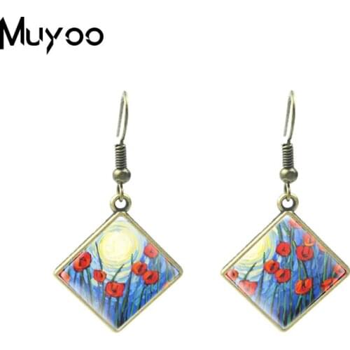 2020 New Poppies Flowers and Moon Paintings Rhombus Dangles Beauty Flowers Moon Painting Fish Hook Earrings