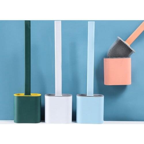 Toilet Brush Water Leak Proof With base Silicone Wc Flat Head Flexible Soft Bristles Brush Quick Drying Holder Set salle de bain