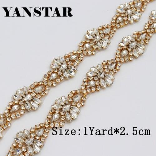 YANSTAR (1 YARD) Bridal Crystal Silver Gold Rhinestone Applique Crystal Trim Iron On For Wedding Dress YS976