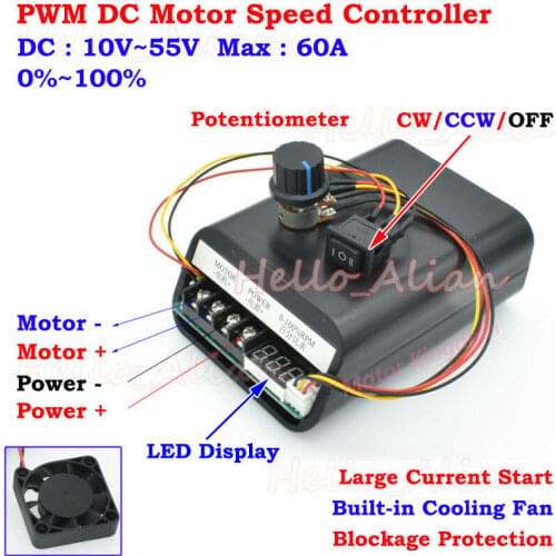 LED display DC 10-55V 12V 24V 48V 60A hho PWM DC Motor Speed Controller CW CCW Reversible Switch Built-in cooling fan