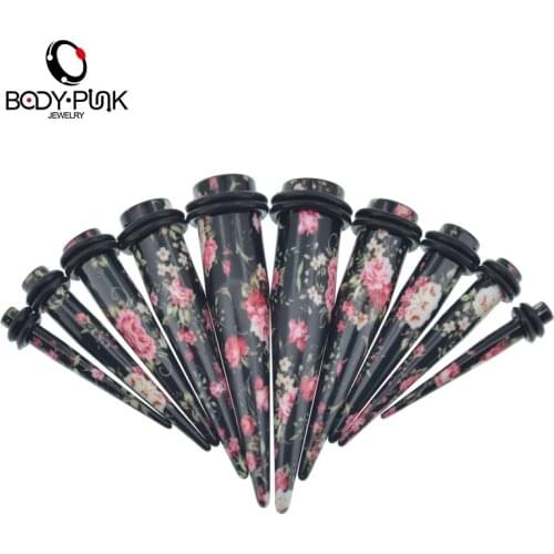 BODY PUNK Pink Flower Print Acrylic Taper Ear Expander Piercing Taper Plugs Tunnel Kit Stretcher Gauges Body Jewelry