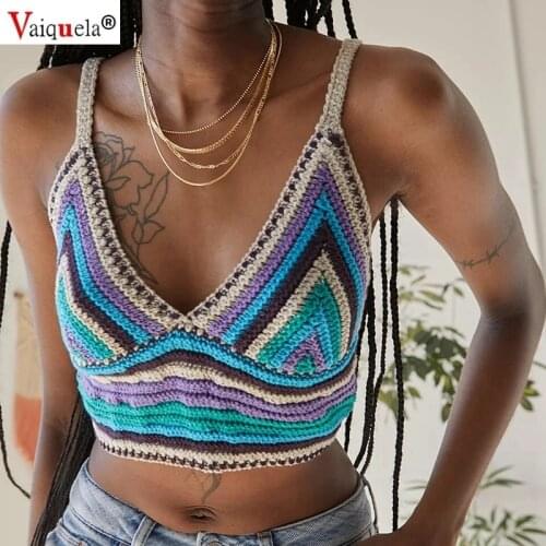 Colorful Striped Knitted Cami Top 90s Vintage Summer Beach Boho Sexy Sleeveless Spaghetti Strap Crop Women vests and suspenders