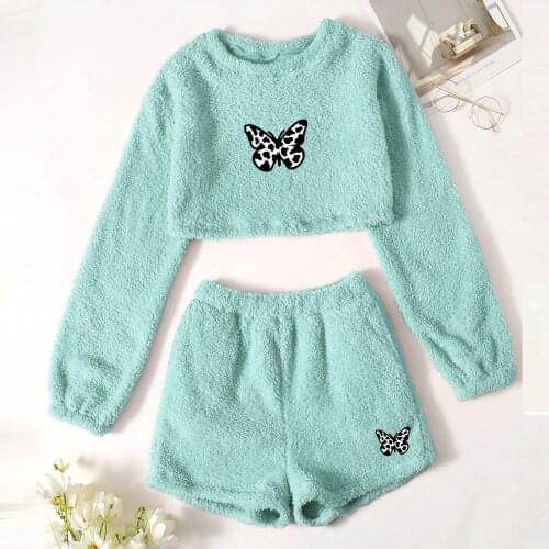 Winter Womens Nightgown Butterfly Printing Round-Neck Pullover Vest Long Sleeve Tops And Shorts Set High Quality Home Wear