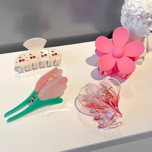 2PCS Korean Fashion Irregular Pink Tulip Flower Heart Crystal Cherry Acrylic Hair Claw Clips for Women INS New Hair Accessories