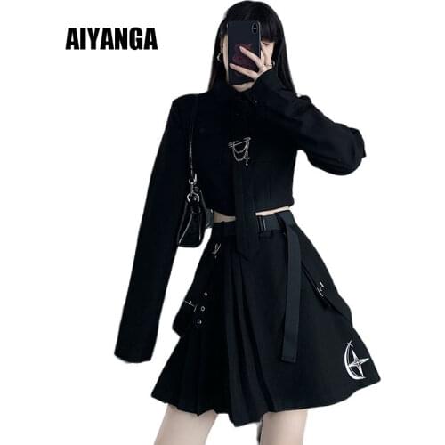 Women Black Skirt Suits Gothic Style Sets Female Tops and Pleated Skirt Set Business Work Suit Spring Autumn 2020 Street Wear