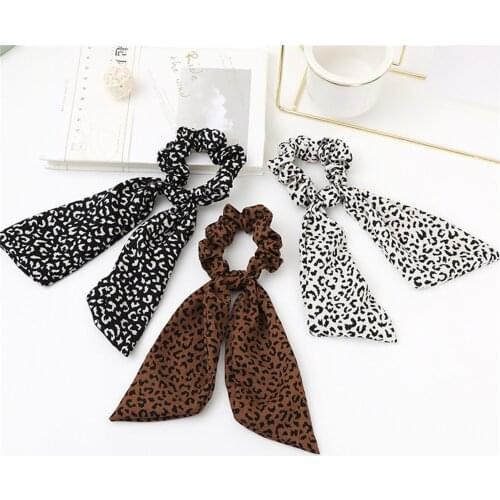 Women Leopard Hair Scrunchies Print Scarf Satin Ribbon Hair Ties Leopard Print Bow Satin Girls Elastic Hair Bands