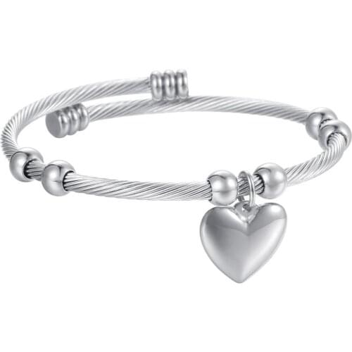 Heart Love Charm Bracelet Bangle for Womens Chain Stainless Steel Twisted Rope Bead Silver Color Adjustable Jewelry KG193