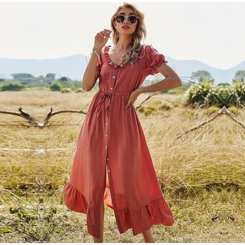 Spring Puff Sleeve Long Dress Women Solid Color Ruffles Button High Waist O Neck Elegant Dress For Women 2021 New Casual