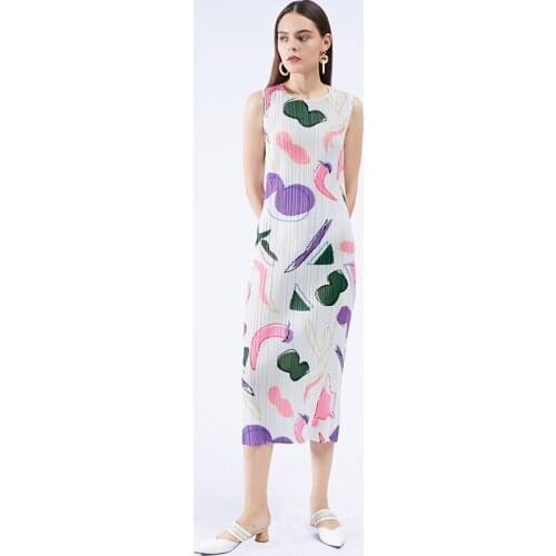 Miyake pleated summer clothes for women Korean style dress female plus size elastic sleeveless dress printed long dress