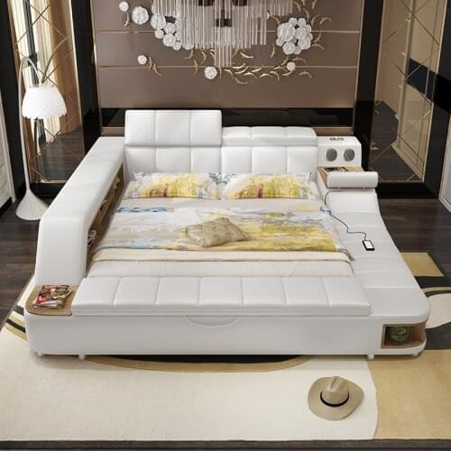 0411TB023 Modern soft bed tatami bedroom King queen double size multi-functional soft Music massage bed real leather art bed