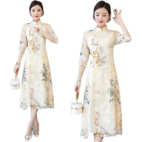 2021 chinese retro lace qipao dress long style slim aodai dress oriental style double layer floral printing qipao party dress