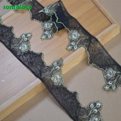 5Yds/Lot 6cm Wide Transparent Black Mesh Fluorescent Golden Thread Floral Embroidery High Quality Lace Trim For Garments Wedding