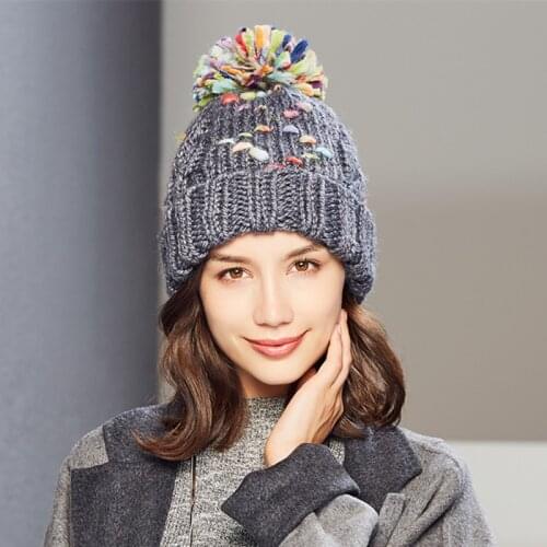 BomHCS Fashion Ladys Beanie Women Winter Warm Handmade Knitted Hats with Colorful Pom