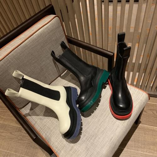 Thick-soled Chelsea Boots Women 's Short Boots Mid-tube Martin Boots -soled Boots Women 's Cool Boots Green Winter Botas Mujer