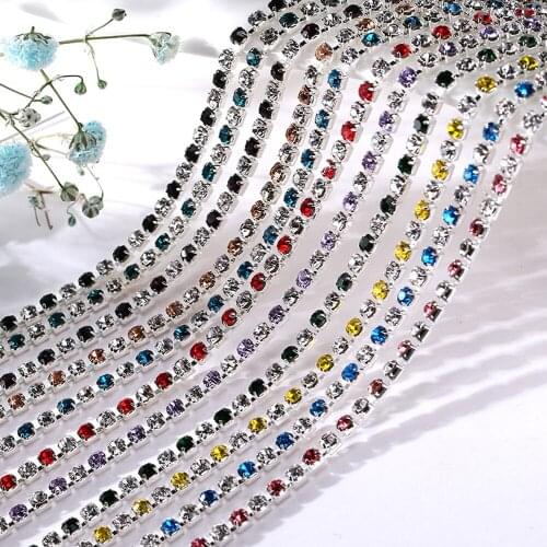 Color-Crystal 1meter silver base claw rhinestone chain ss6 ss8 19 color high density Sew On glue on diy trimming
