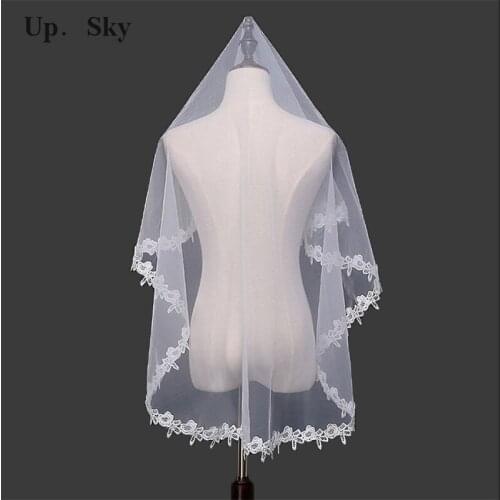 Elegante Blanco/Marfil elegante belleza corto tulle velo de novia 1.5 m largo Encaje borde tulle velo para la boda