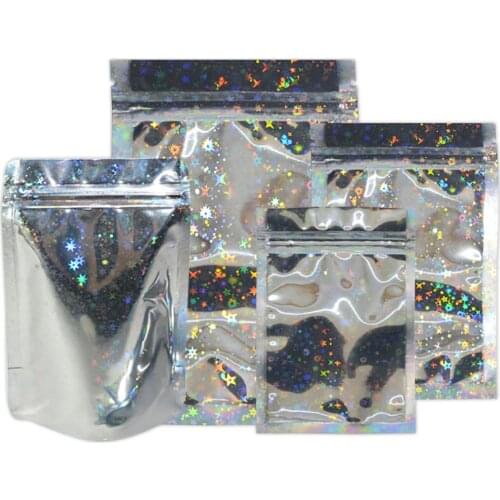 Thick 50pcs Shinning Star Pattern Zipper Top Package Bags Holographic Aluminum Foil Zip Lock Mylar Bag For Cosmetic Jewelry