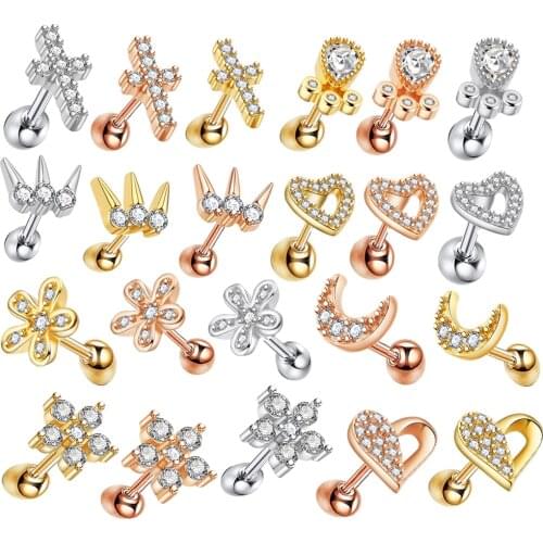 JUNLOWPY 2Pc Flower Crown Ear Helix Piercing Tragus Earring Stud Conch Earring Gold Silver Color Cz Cartilage Stud Rings daith