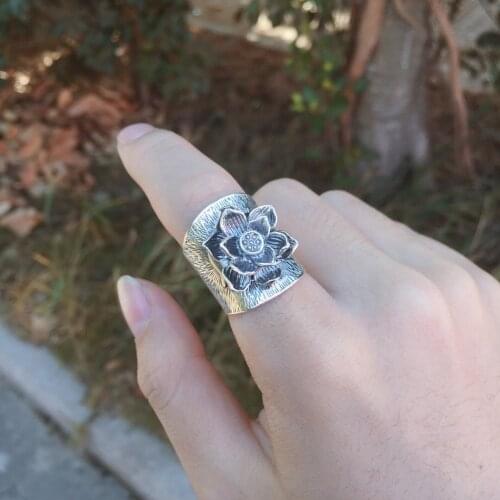 New solid s999 pure silver lotus Elephant wide-faced men and women rings couples vintage handmade good luck ring for woman