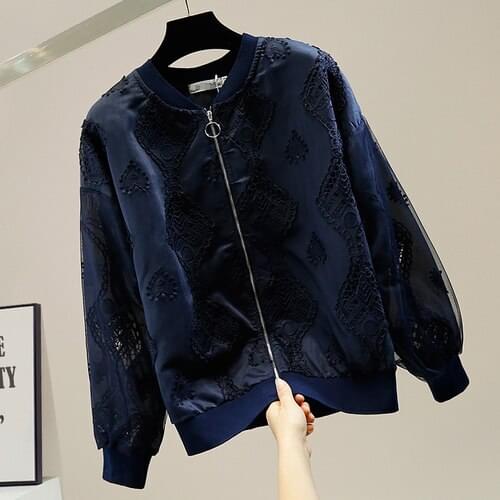 Lace Jacket Women Fashion Mesh Patch Lantern Sleeve Crew Neck Zipper Coat Female Lady Casual Outwear Tops Short Pink White Blue