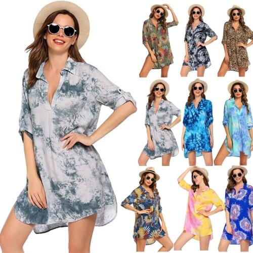 Summer Womens 2021 Sexy V- Neck Print Bikini Cover-ups T shirt Beach Dress Pluz Size Swim Suit Cover Up Bathing Suit Beachwear