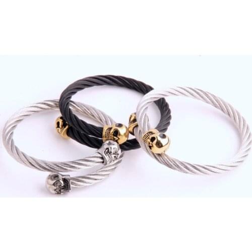 Punk Rocker Skeleton Head Style Mens Bracelets & Bangles Stainless Steel 6MM Wide Cuff Wristband Skull Jewelry Accessory