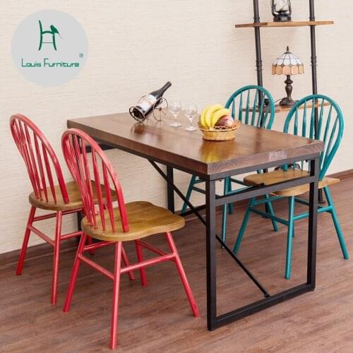 Louis Fashion Dining Room Sets American Style Simple Back Coffee Shop Stool Iron Art Restoration Restaurant Solid Wood Family
