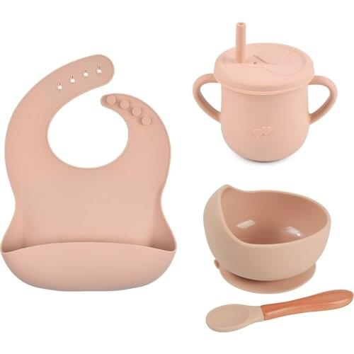 4 Pcs/Set Silicone Baby Feeding Bowl Cup Bibs Spoon Sets Children Non-slip Suction Dishes Tableware Infant Food Snack Bowl