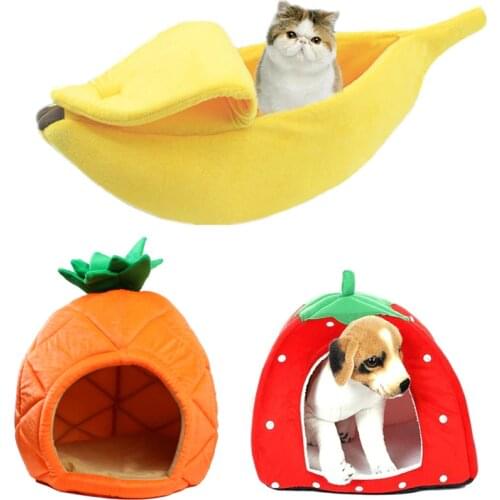 New Creative Plush Small Pet Bed House Banana Pineapple Strawberry Shape Soft Dog Cat Kennel Cage Comfortable Banana Cat Bed