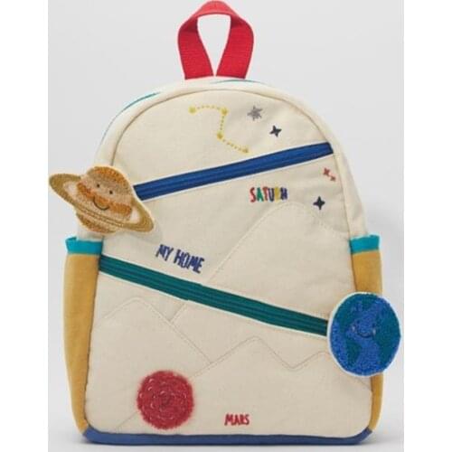 New childrens stitching cotton canvas earth star ball embroidery backpack cute girl color matching casual small school bag