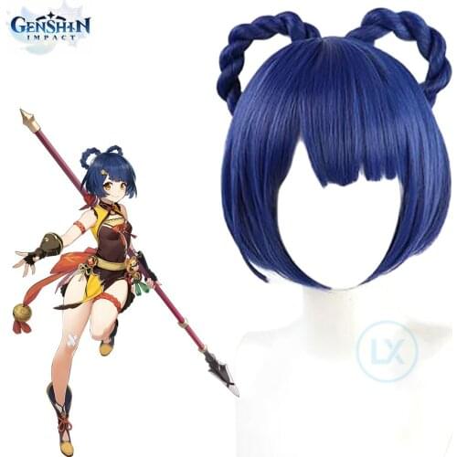 Game Genshin Impact Xiangling Cosplay Wig Halloween Party For Women Girl Short Dark Blue Heat Resistant Synthetic Hair