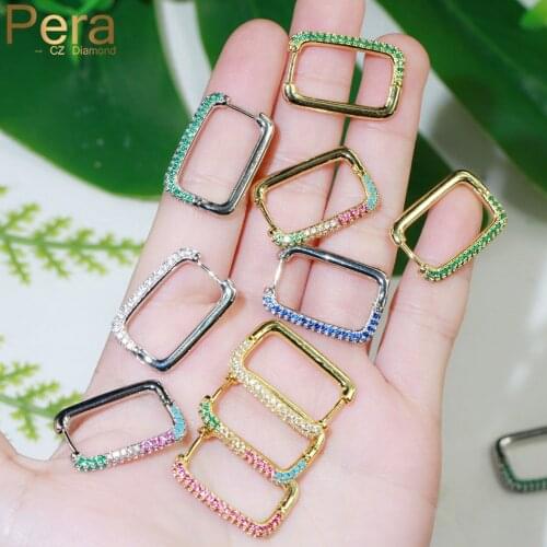 Pera 2021 Newest Classic Rectangle Shape Rainbow Cubic Zirconia Gold Color Big Huggie Boho Party Hoop Earrings for Ladies E681