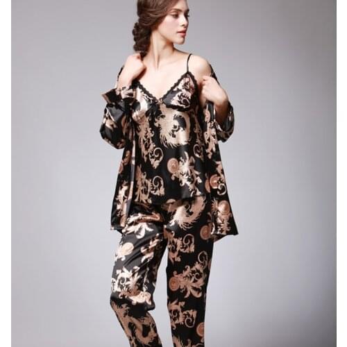 Pajama Set Women Silk Robe Nightgown Loungewear Women Three Piece Pajamas Ladies Spring And Summer Robe Printed Silk Home Wear