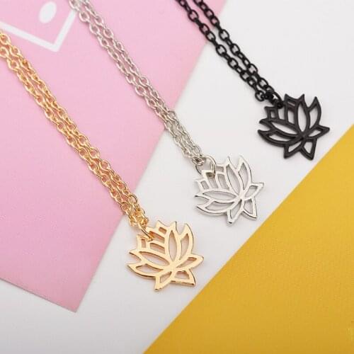 Hollow Dangle Lotus Flower Women Black Silver Plated Golden Plant Necklace