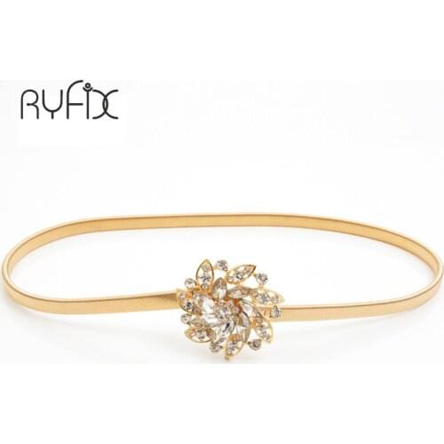 Buckle metal belly chain womens decoration with flower Flora elastic Gold formal dress thin belt cummerbund waistband BL368