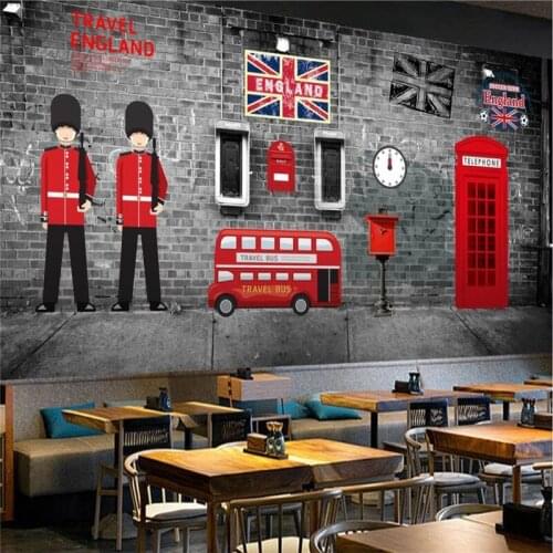 Retro British Style London Red Phone Booth Industrial Decor Background Wall Paper 3D Restaurant Cafe Bar Mural Wallpaper 3D